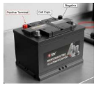 Draw a photograph of the battery and its components used in a vehicle. Draw a photograph of the battery and its components used in a vehicle.