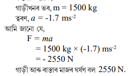 মটৰগাড়ী এখনৰ ভৰ 1500 kg। গাড়ীখন 1.7 ms² ঋণাত্মক ত্বৰণেৰে ৰখাবলৈ গাড়ী মটৰগাড়ী এখনৰ ভৰ 1500 kg। গাড়ীখন 1.7 ms² ঋণাত্মক ত্বৰণেৰে ৰখাবলৈ গাড়ী